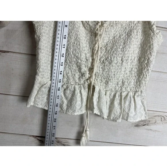 Shyanne Tank Top Womens Small White Embroidered Smocked Lace Up Ruffle Hem Boho - Picture 5 of 6